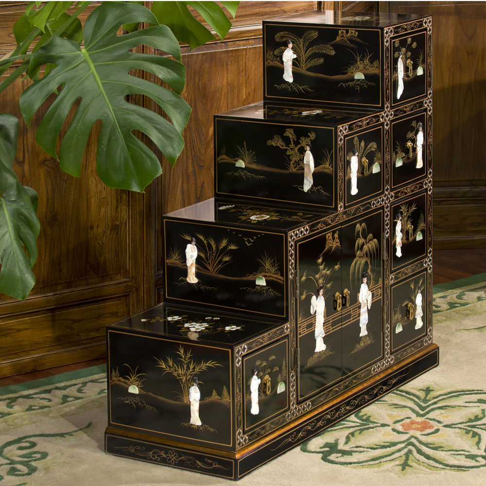 Black Lacquer Mother of Pearl Motif Japanese Step Tansu Cabinet