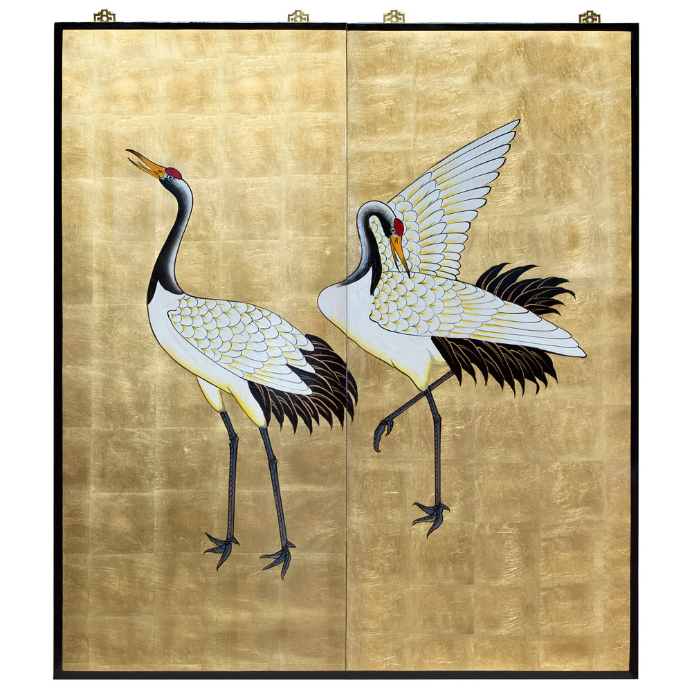 Gold Leaf Longevity Cranes 2 Panel Wall Art