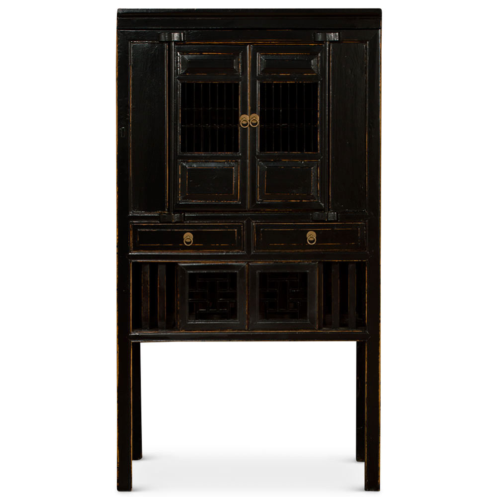 Antique Black Elmwood Chinese Lattice Kitchen Cabinet