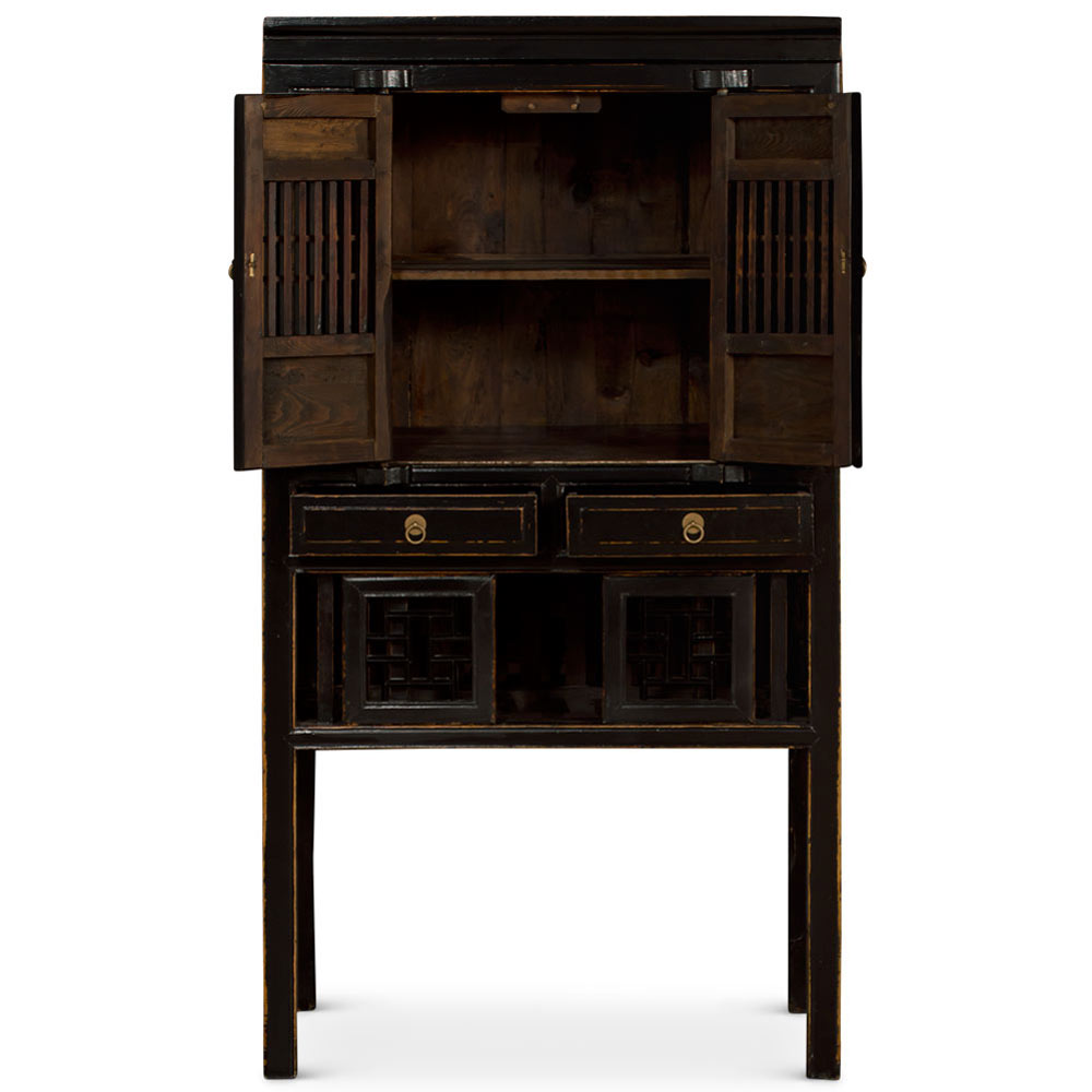 Antique Black Elmwood Chinese Lattice Kitchen Cabinet