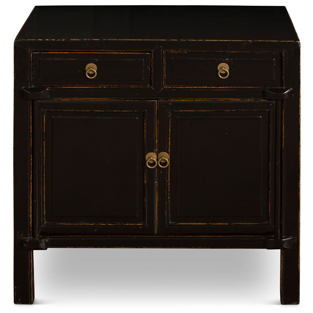 Distressed Vintage Black Elmwood Oriental Ming Cabinet