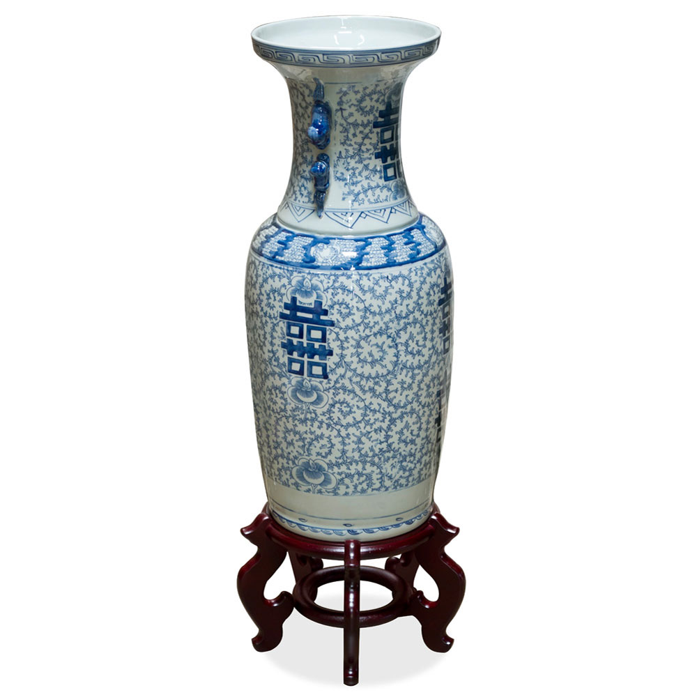 Blue and White Vintage Qing Double Happiness Chinese Vase