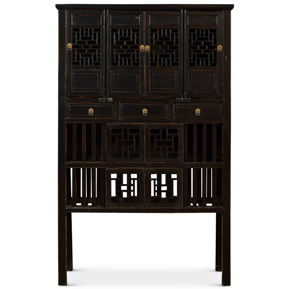 Antique Black Elmwood Chinese Lattice Kitchen Cabinet
