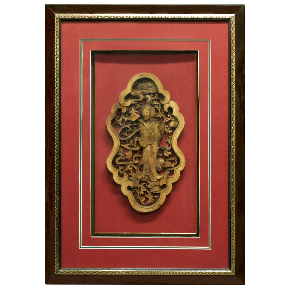 Lady with Lute Chinese Window Panel Shadow Box
