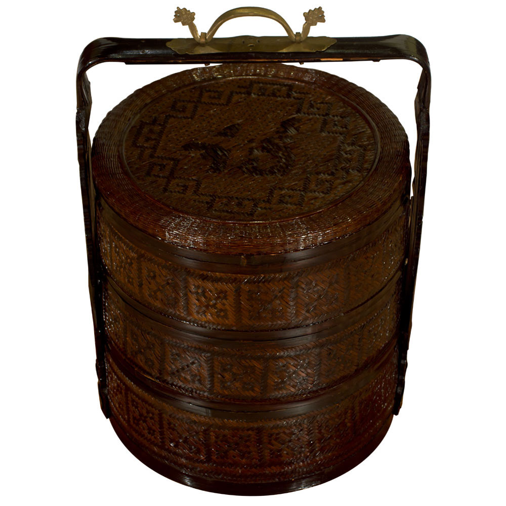 Vintage Three Tiered Round Chinese Woven Rattan Lunchbox