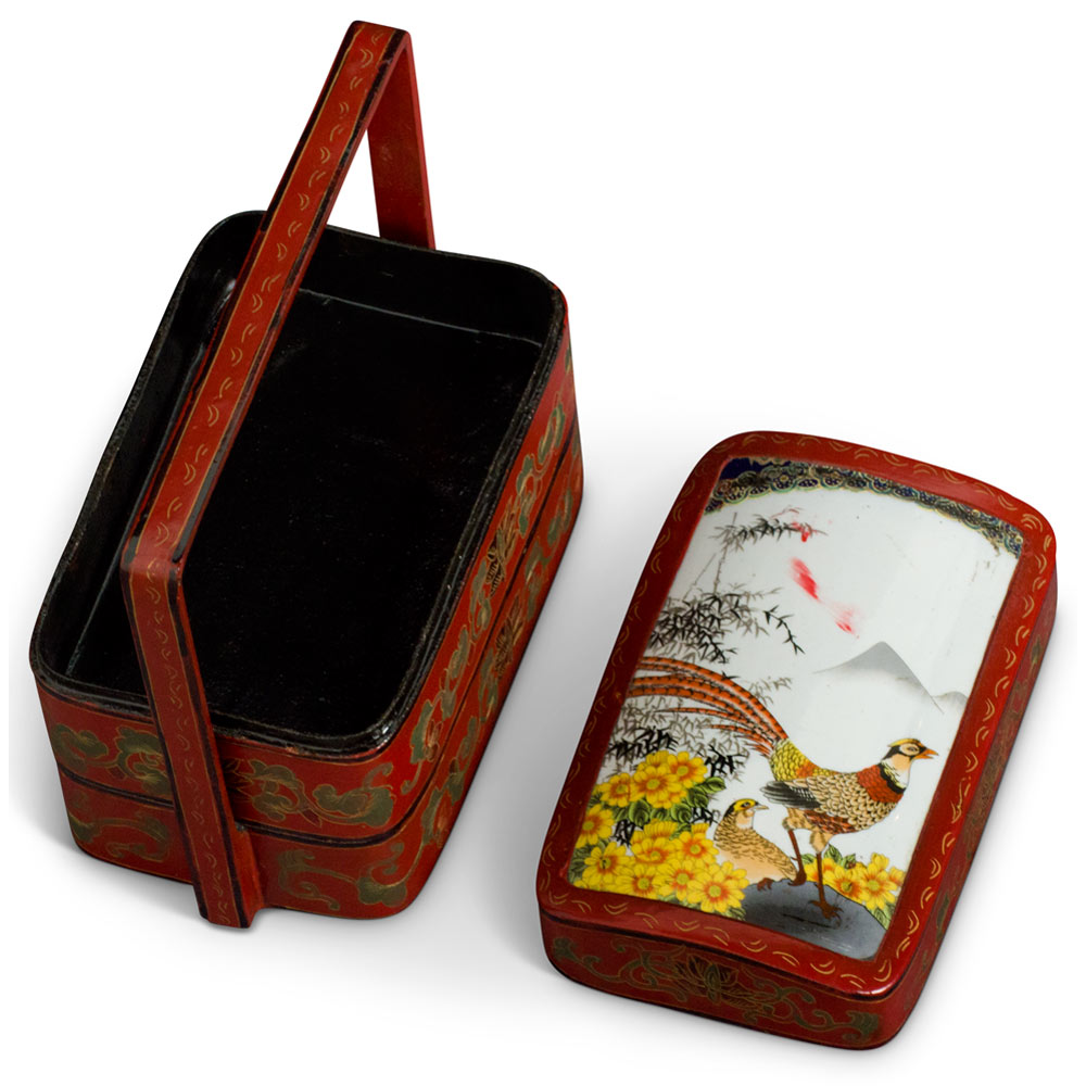 Vintage Chinese Red Lacquer Tiered Lunch Box with Bird and Flower Motif Porcelain Lid