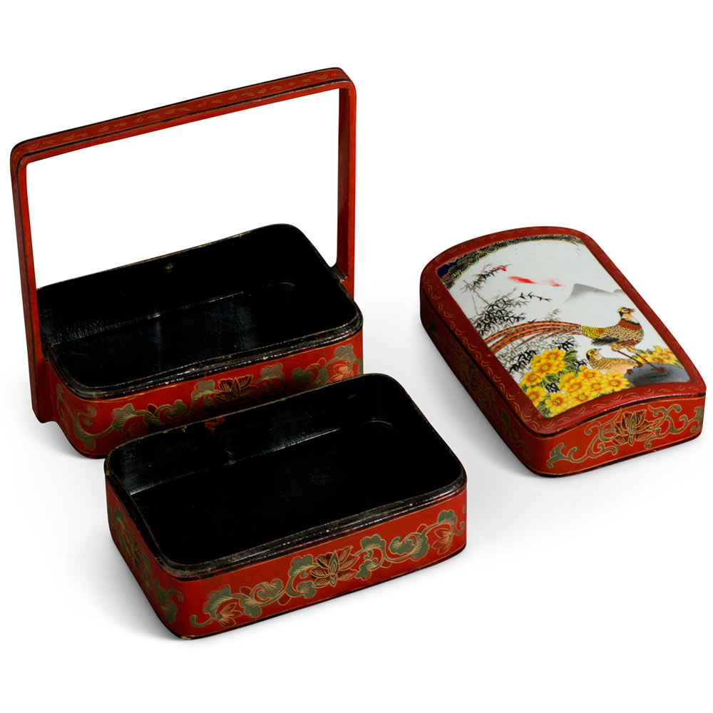 Vintage Chinese Red Lacquer Tiered Lunch Box with Bird and Flower Motif Porcelain Lid