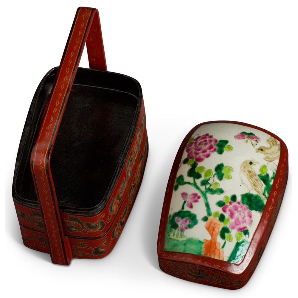 Vintage Chinese Red Lacquer Tiered Lunch Box with Bird and Peony Motif Porcelain Lid