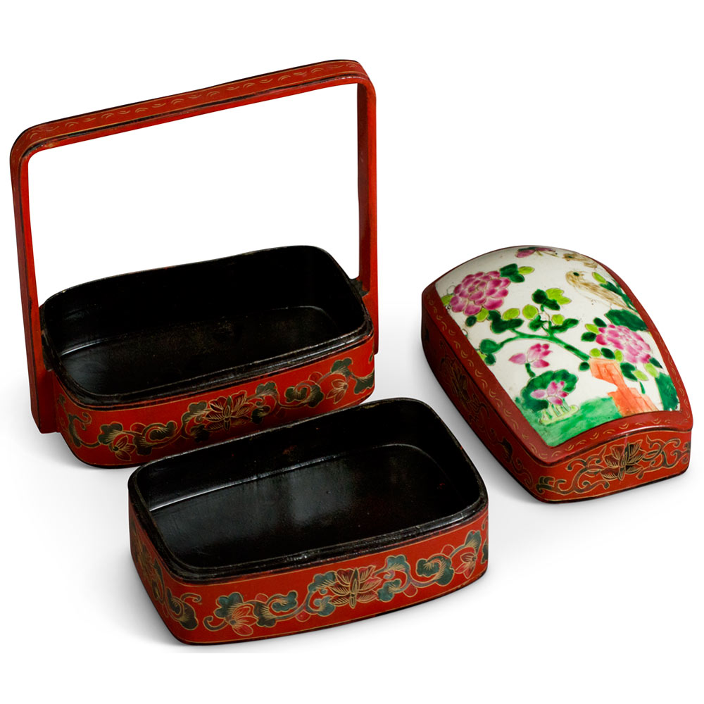 Vintage Chinese Red Lacquer Tiered Lunch Box with Bird and Peony Motif Porcelain Lid