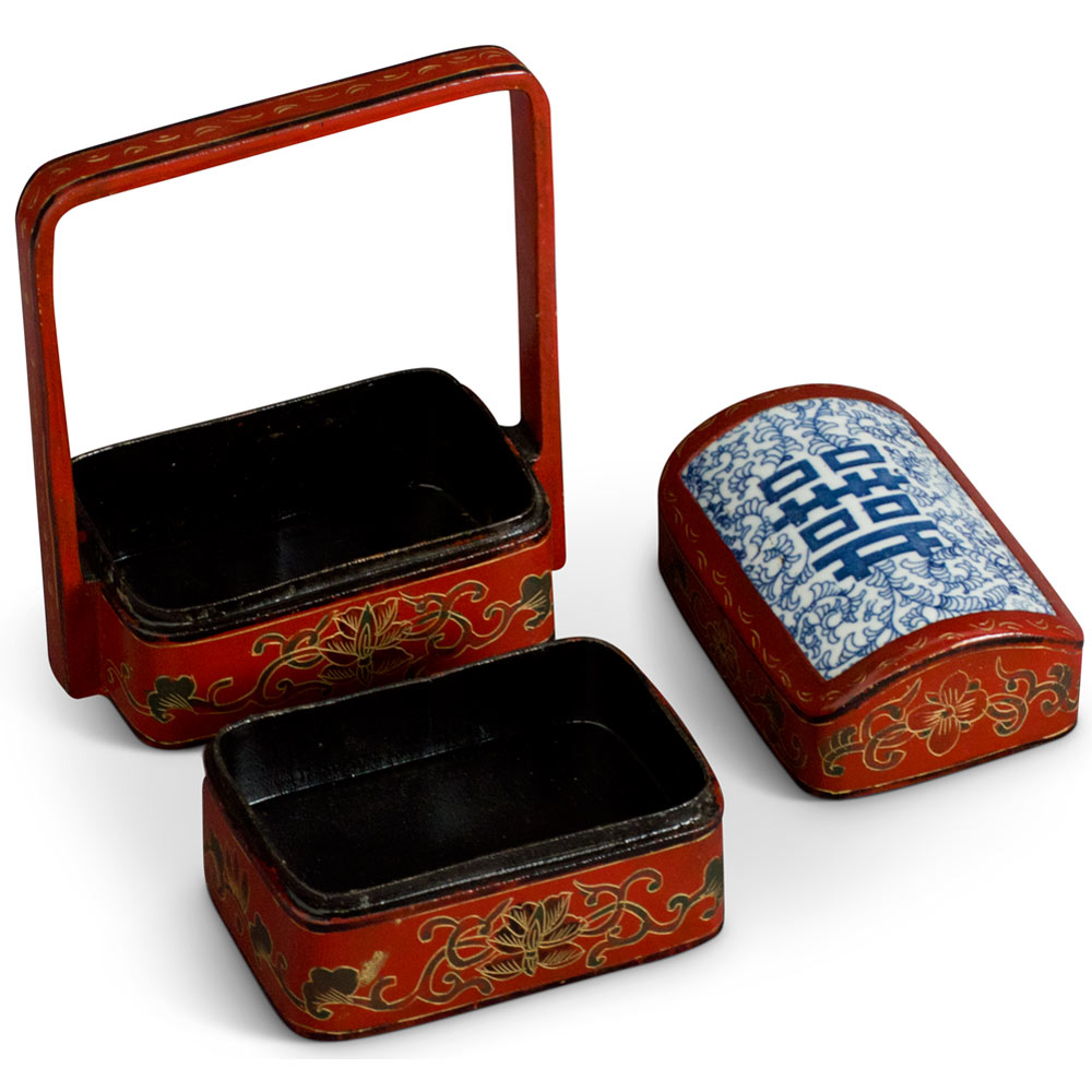 Vintage Chinese Red Lacquer Tiered Lunch Box with Blue and White Double Happiness Motif Porcelain Lid