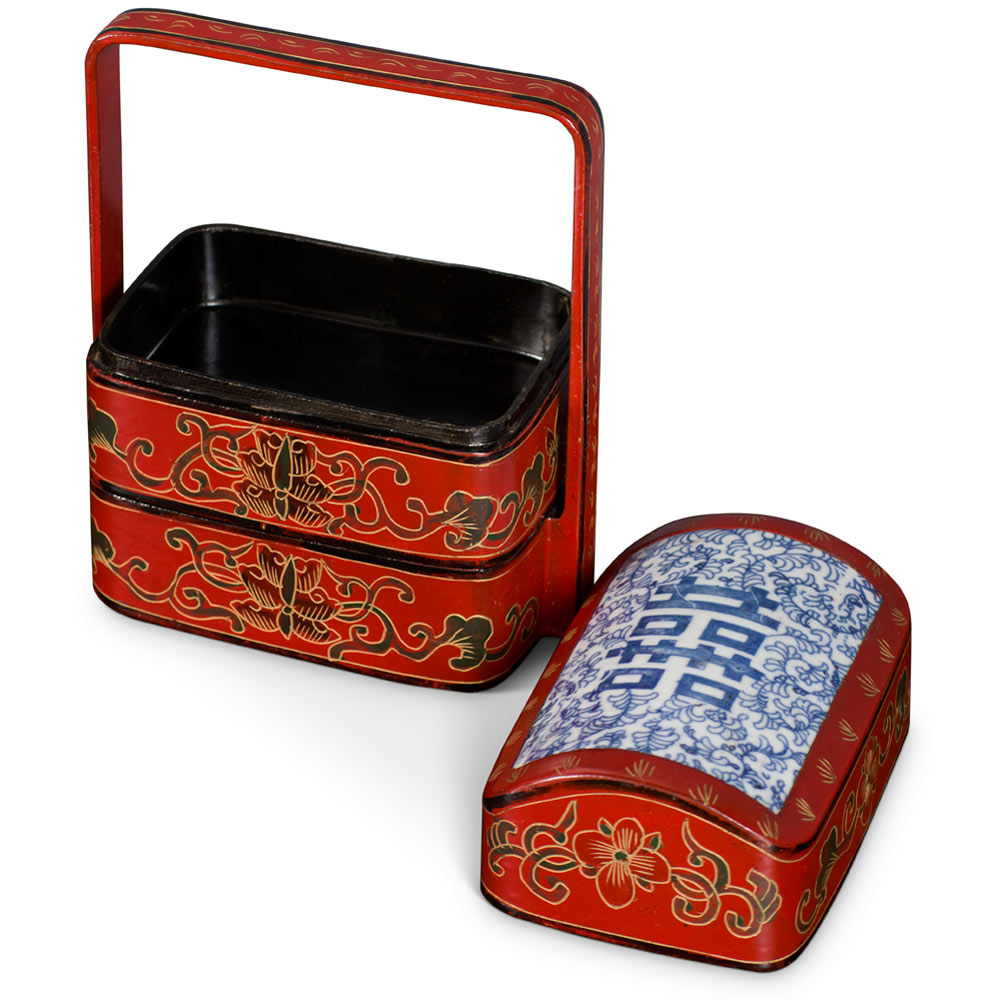 Vintage Chinese Red Lacquer Tiered Lunch Box with Blue and White Double Happiness Motif Porcelain Lid