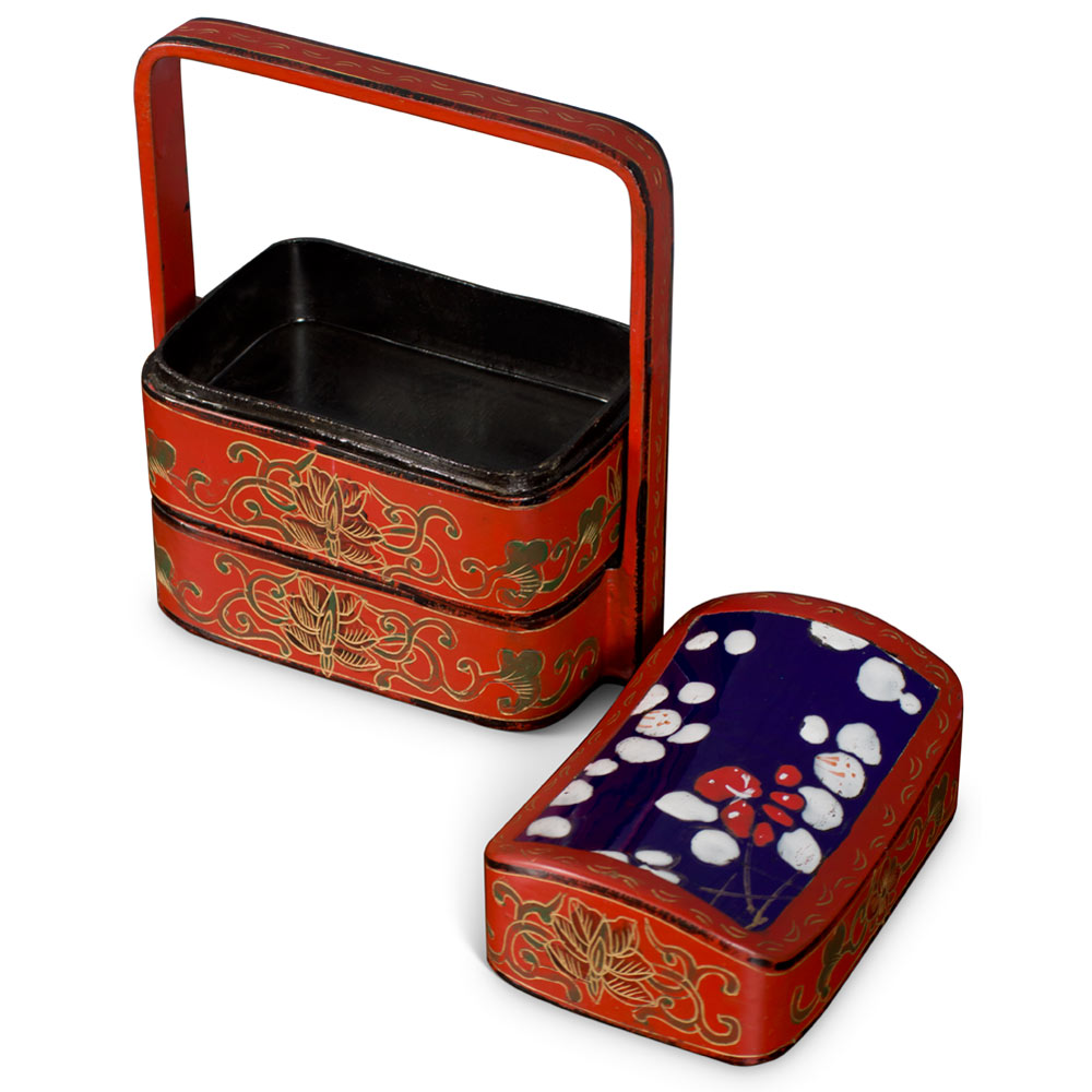 Vintage Chinese Red Lacquer Tiered Lunch Box