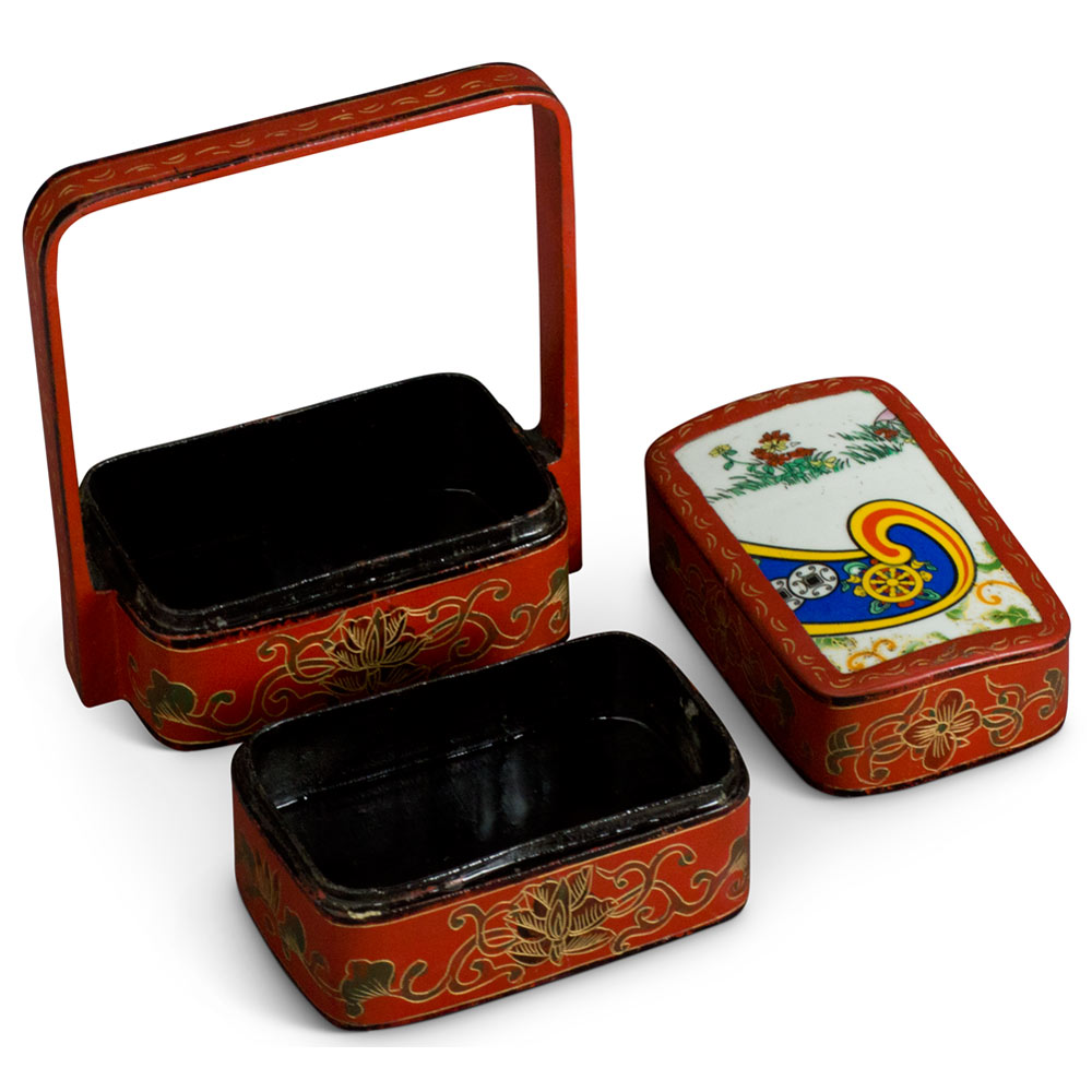 Vintage Chinese Red Lacquer Tiered Lunch Box