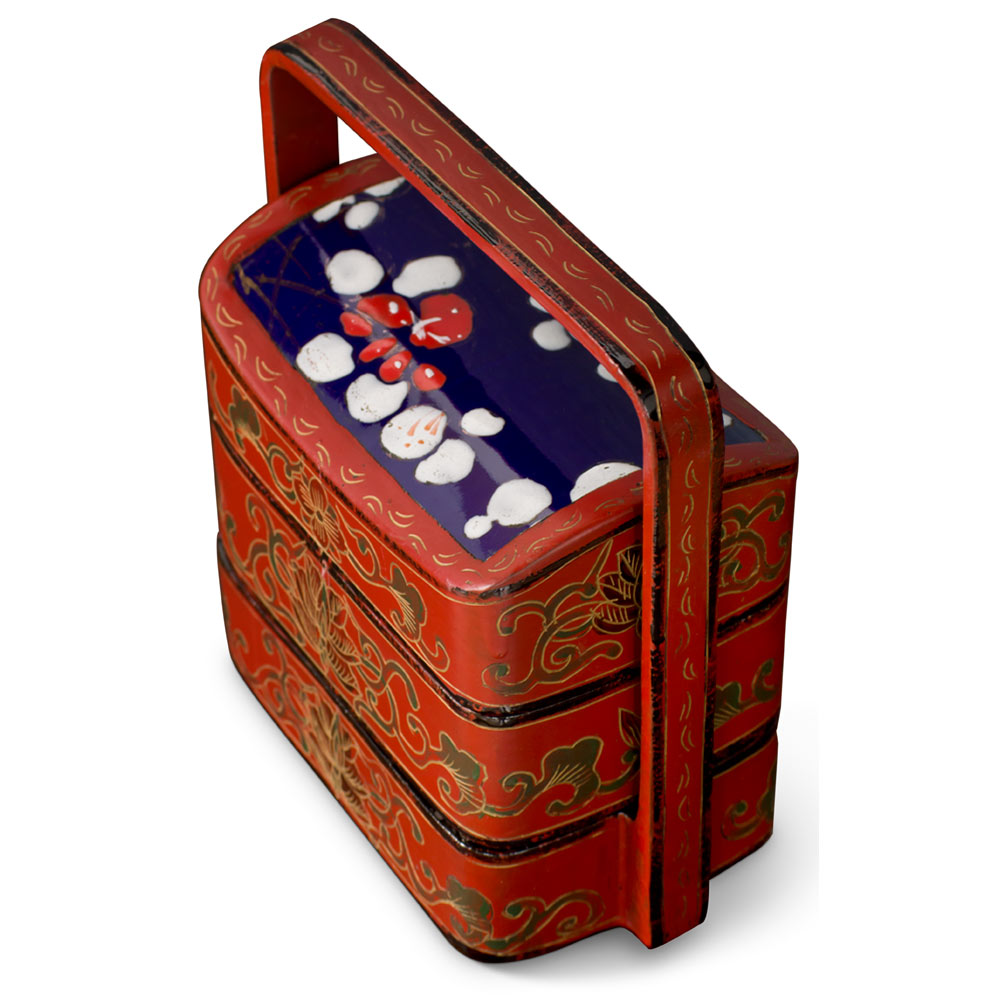 Vintage Chinese Red Lacquer Tiered Lunch Box