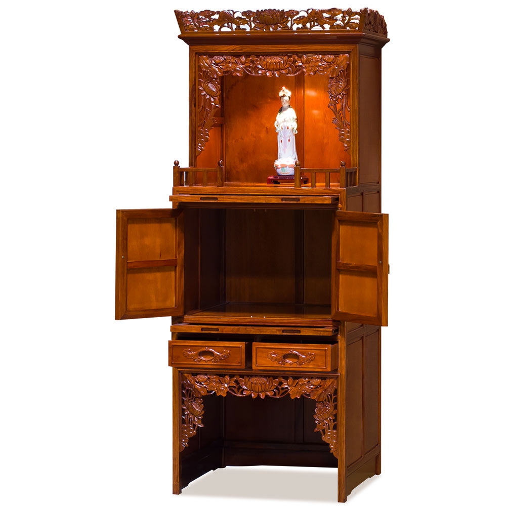 Natural Finish Rosewood 3 Level Lotus Asian Altar Cabinet