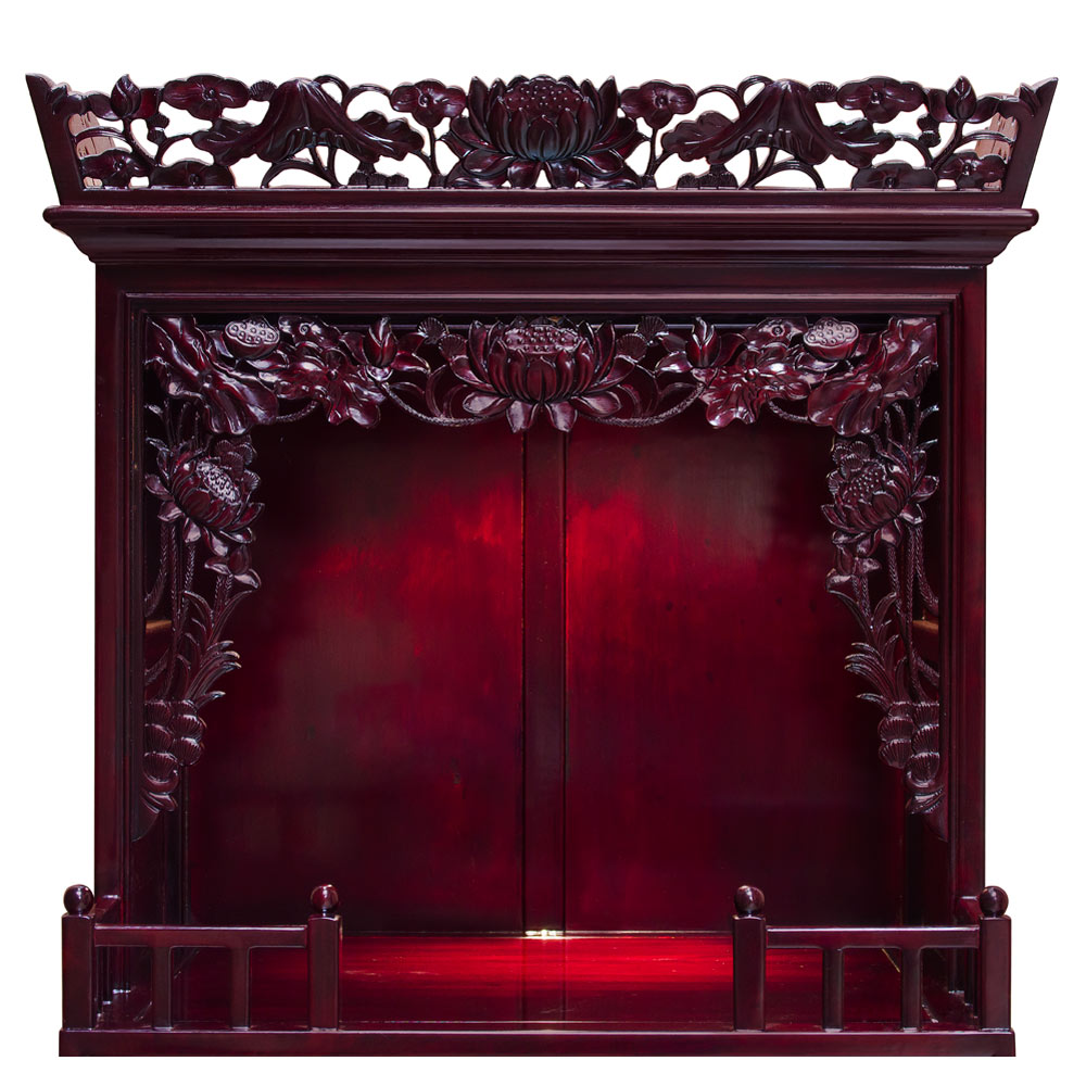 Dark Cherry Rosewood 3 Level Lotus Asian Altar Cabinet