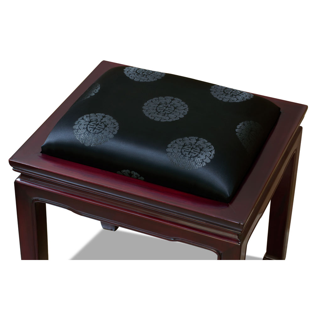 Dark Cherry Rosewood Chinese Ming Stool with Black Silk Cushion