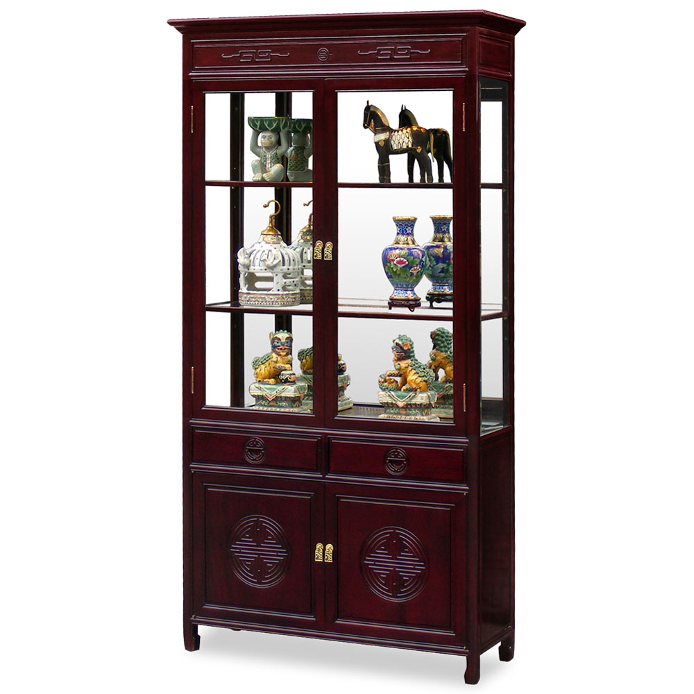 Dark Cherry Rosewood Longevity Design Oriental China Cabinet