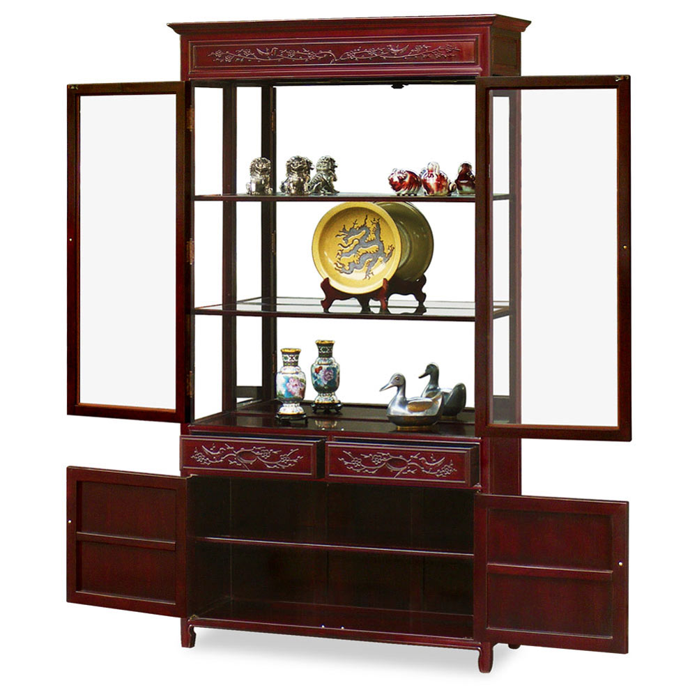 Dark Cherry Rosewood Flower and Bird Design Oriental China Cabinet