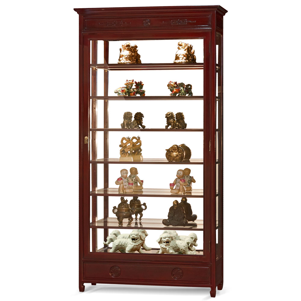 Dark Cherry Rosewood Chinese Longevity Design Curio Cabinet
