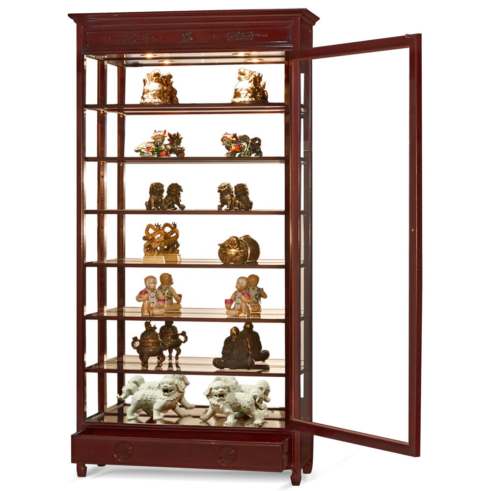 Dark Cherry Rosewood Chinese Longevity Design Curio Cabinet