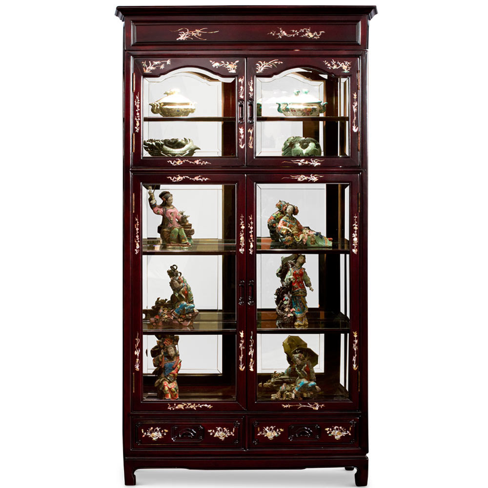 Dark Cherry Rosewood Oriental Curio Cabinet with Mother of Pearl Inlay