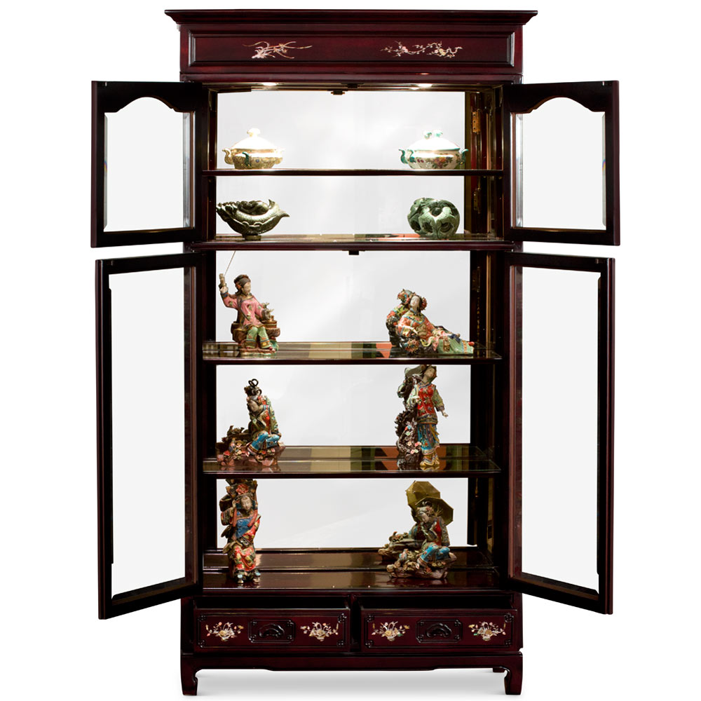 Dark Cherry Rosewood Oriental Curio Cabinet with Mother of Pearl Inlay
