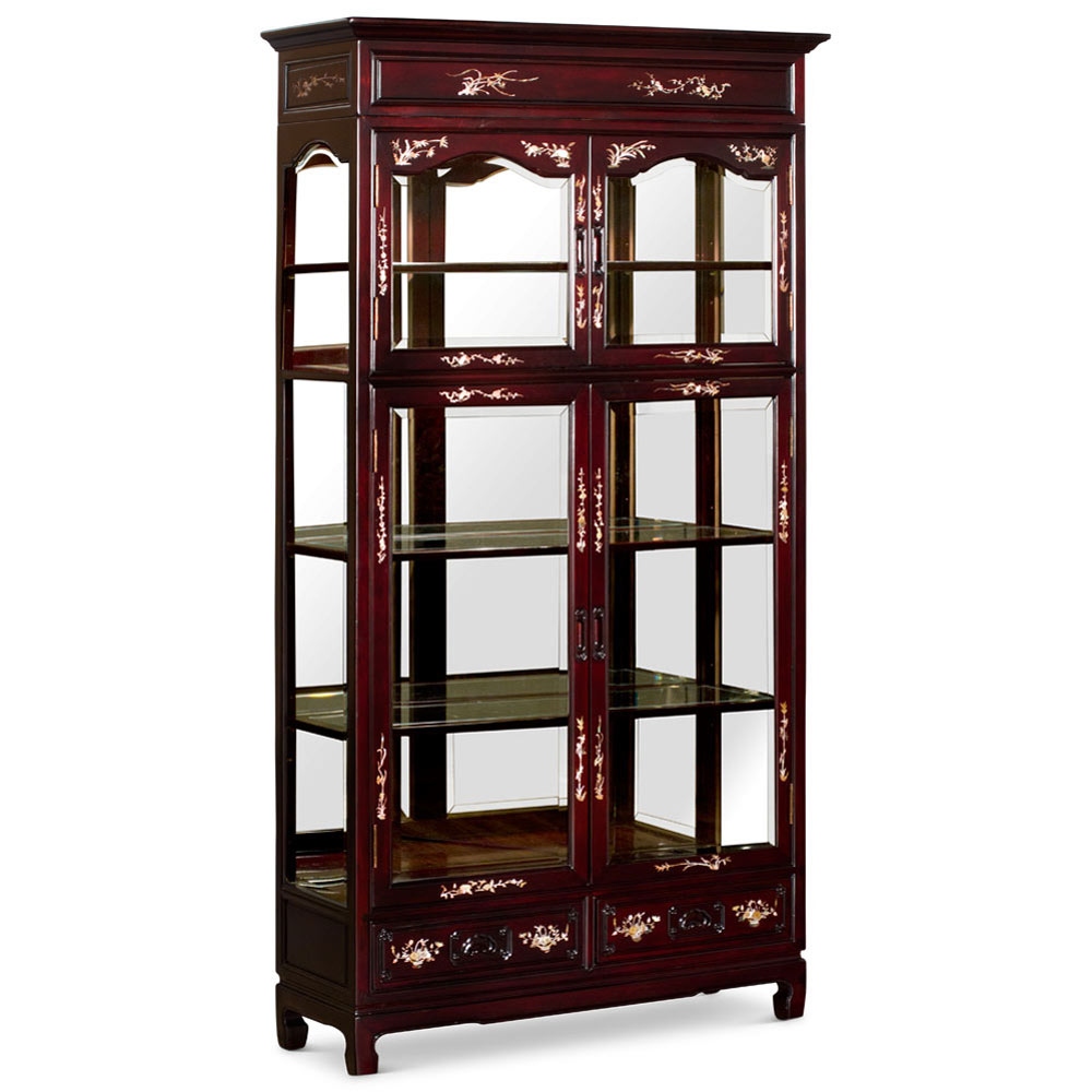 Dark Cherry Rosewood Oriental Curio Cabinet with Mother of Pearl Inlay