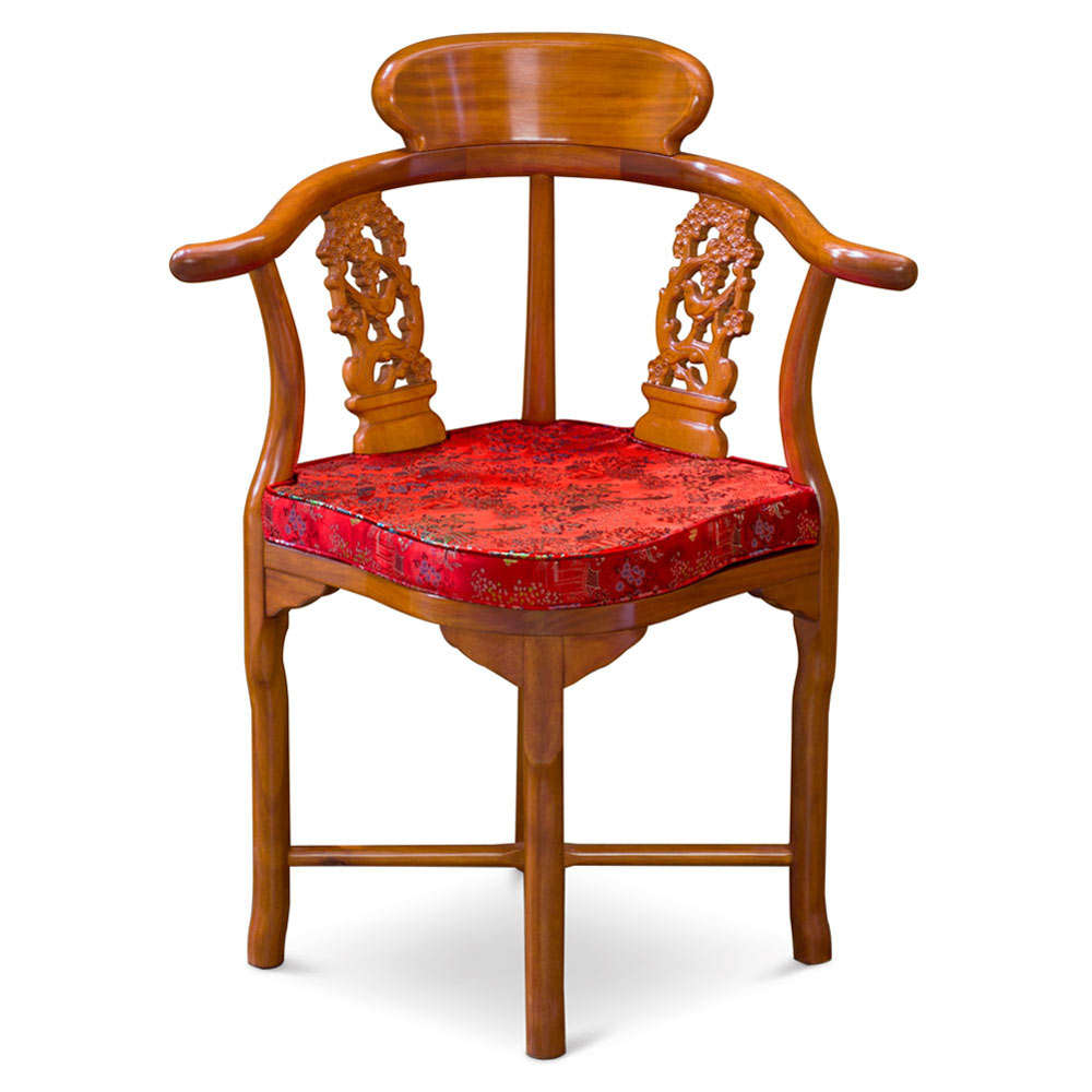 Natural Finish Rosewood Flower and Bird Oriental Corner Chair