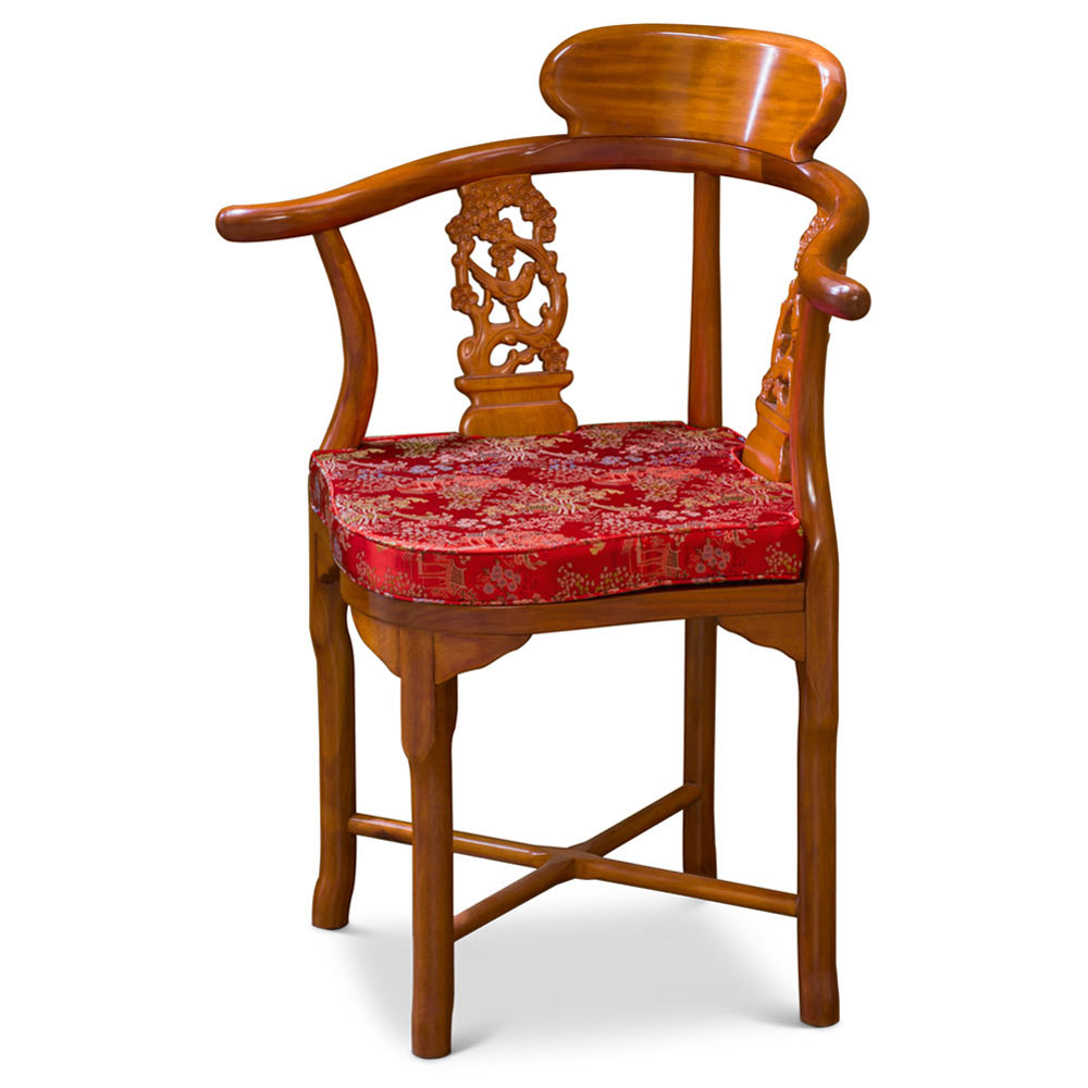 Natural Finish Rosewood Flower and Bird Oriental Corner Chair