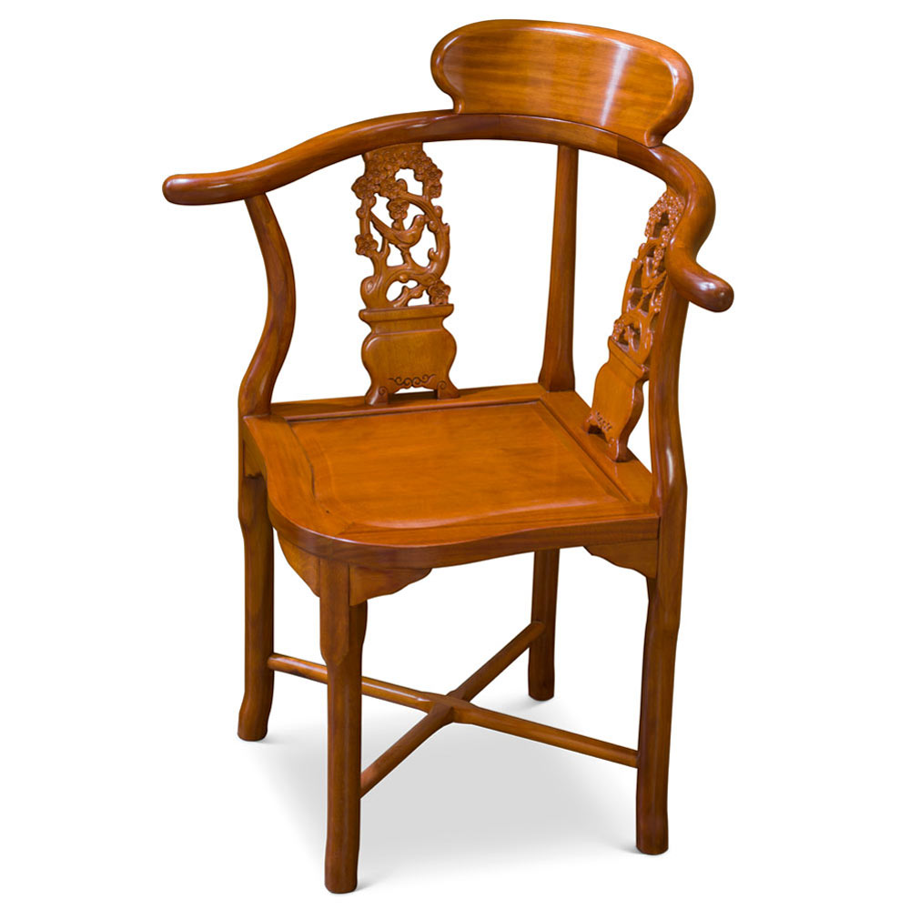 Natural Finish Rosewood Flower and Bird Oriental Corner Chair