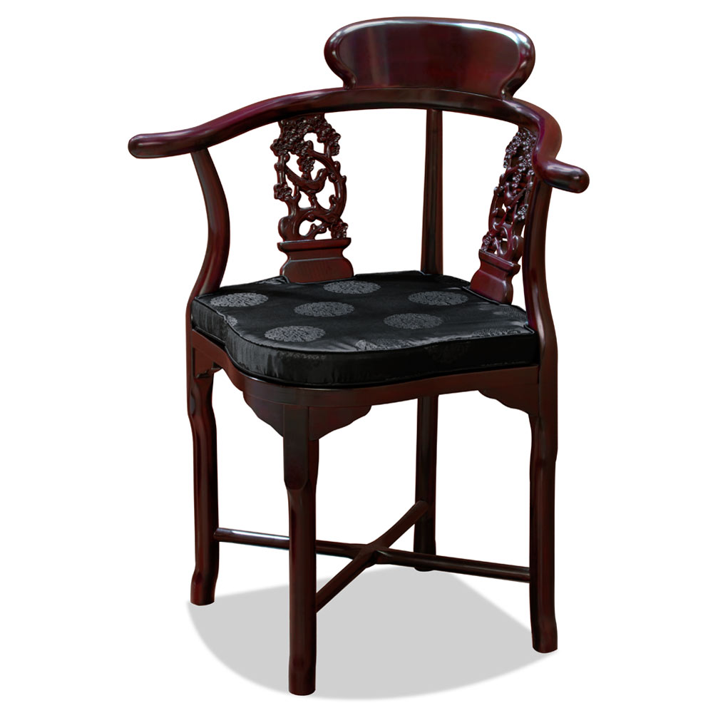 Dark Cherry Rosewood Flower & Bird Design Oriental Corner Chair