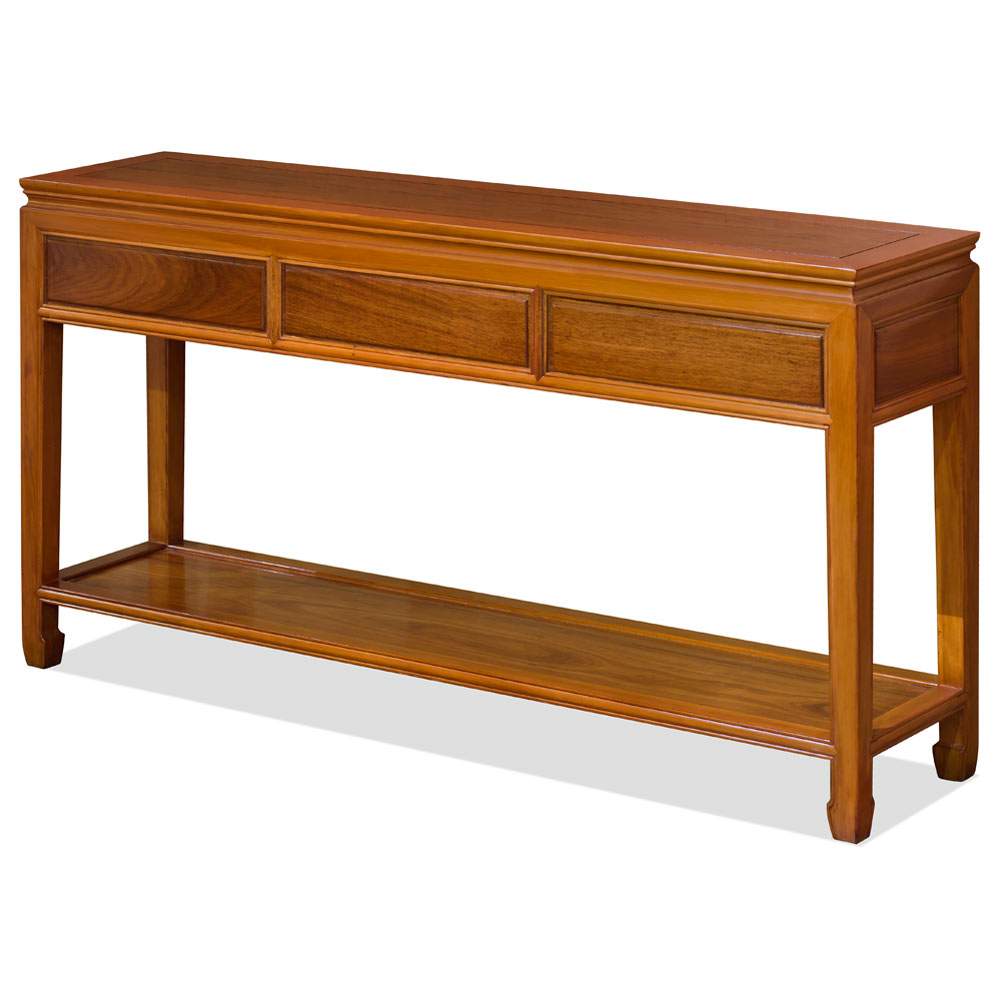 Natural Finish Rosewood Longevity Console Table with Bottom Shelf