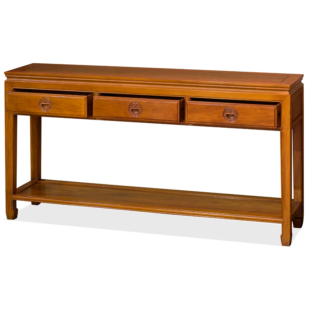 Natural Finish Rosewood Longevity Console Table with Bottom Shelf