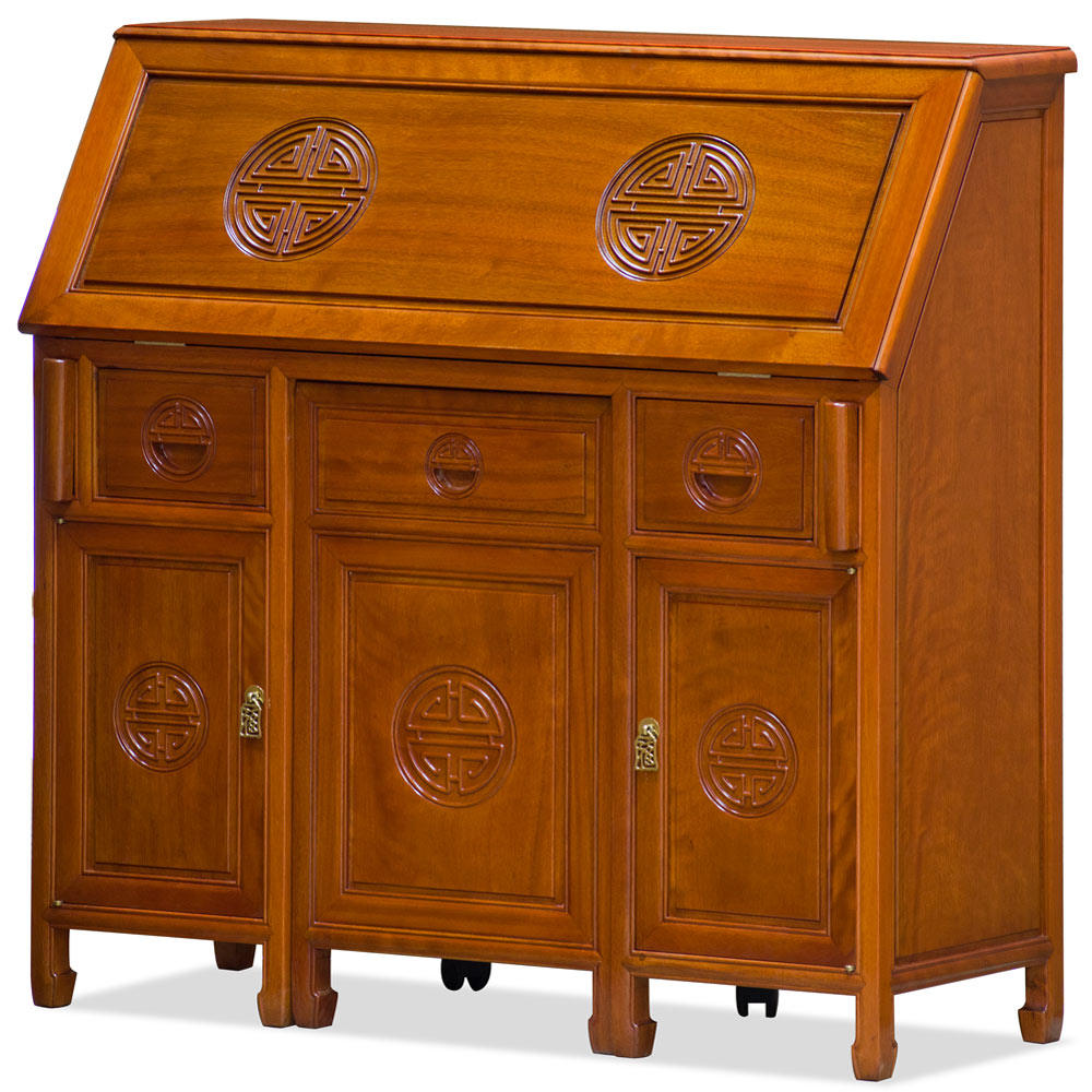 Natural Finish Rosewood Longevity Design Oriental Secretaire with Chair