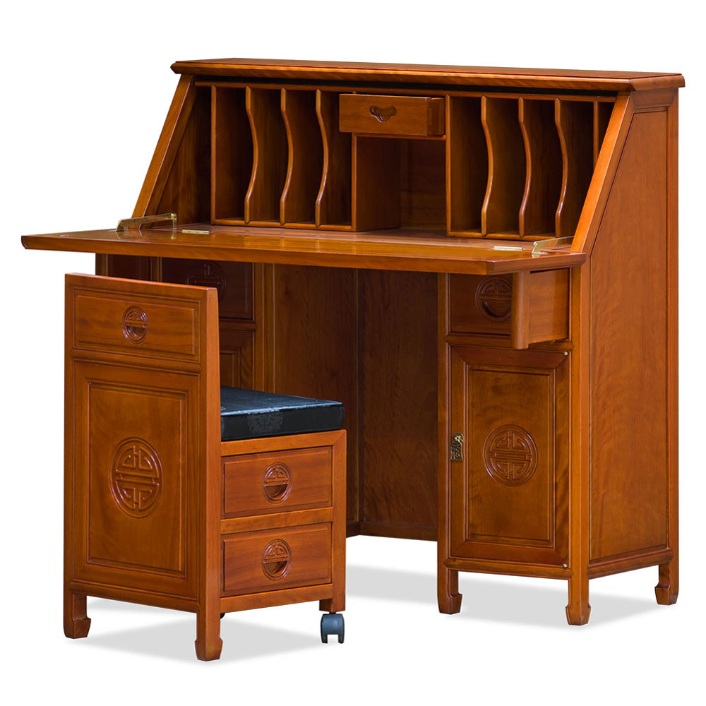 Natural Finish Rosewood Longevity Design Oriental Secretaire with Chair