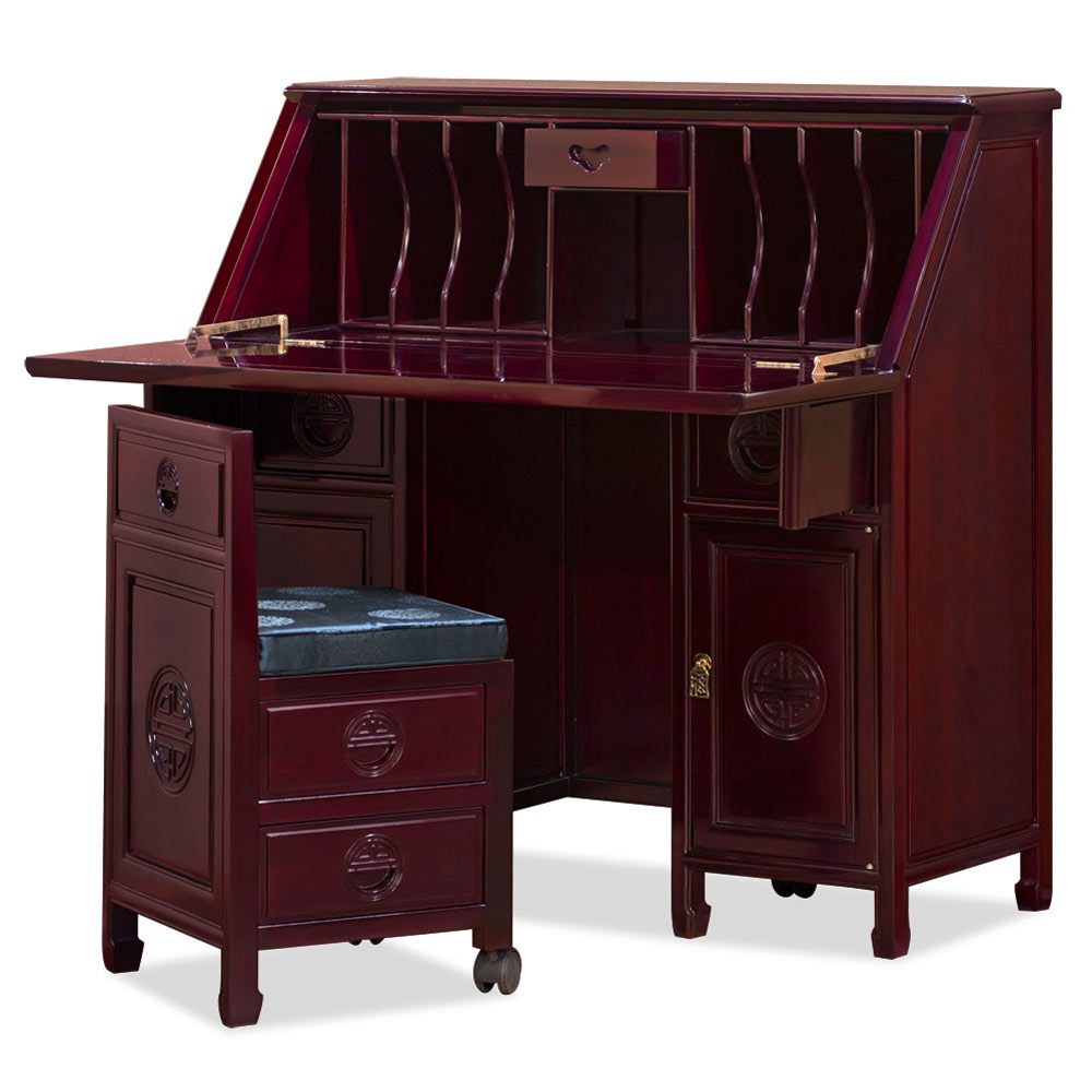 Dark Cherry Rosewood Longevity Design Asian Secretaire with Chair