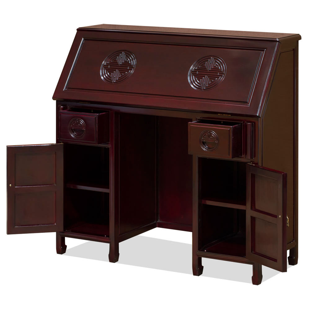 Dark Cherry Rosewood Longevity Design Asian Secretaire with Chair