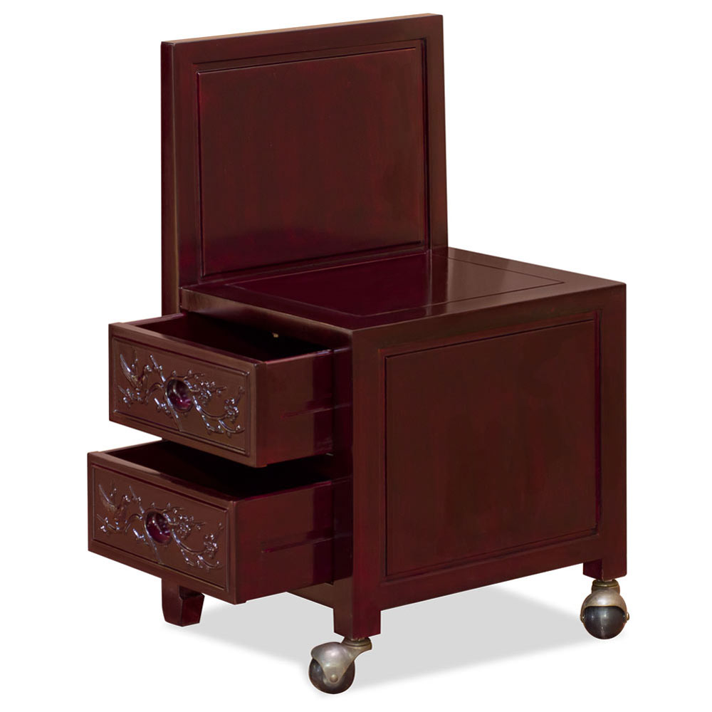 Dark Cherry Rosewood Flower and Bird Design Asian Secretaire with Chair