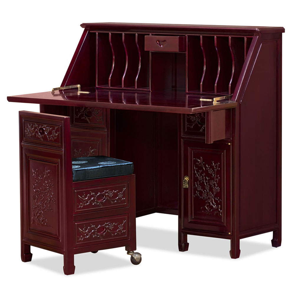 Dark Cherry Rosewood Flower and Bird Design Asian Secretaire with Chair