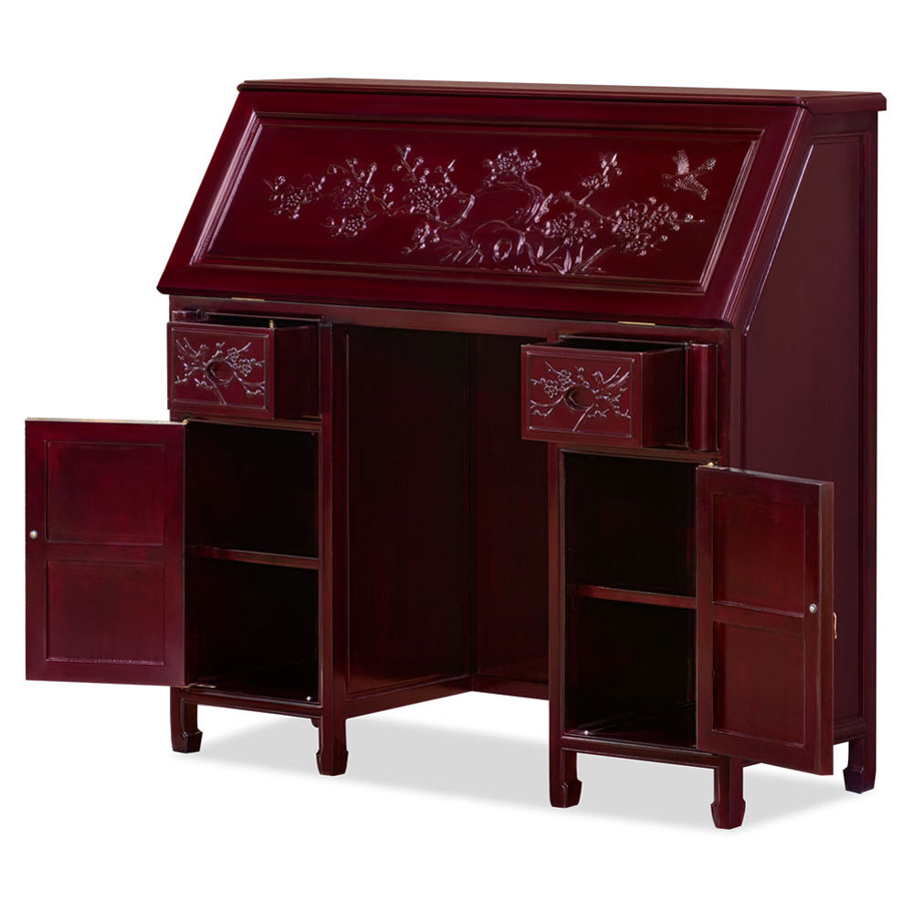 Dark Cherry Rosewood Flower and Bird Design Asian Secretaire with Chair