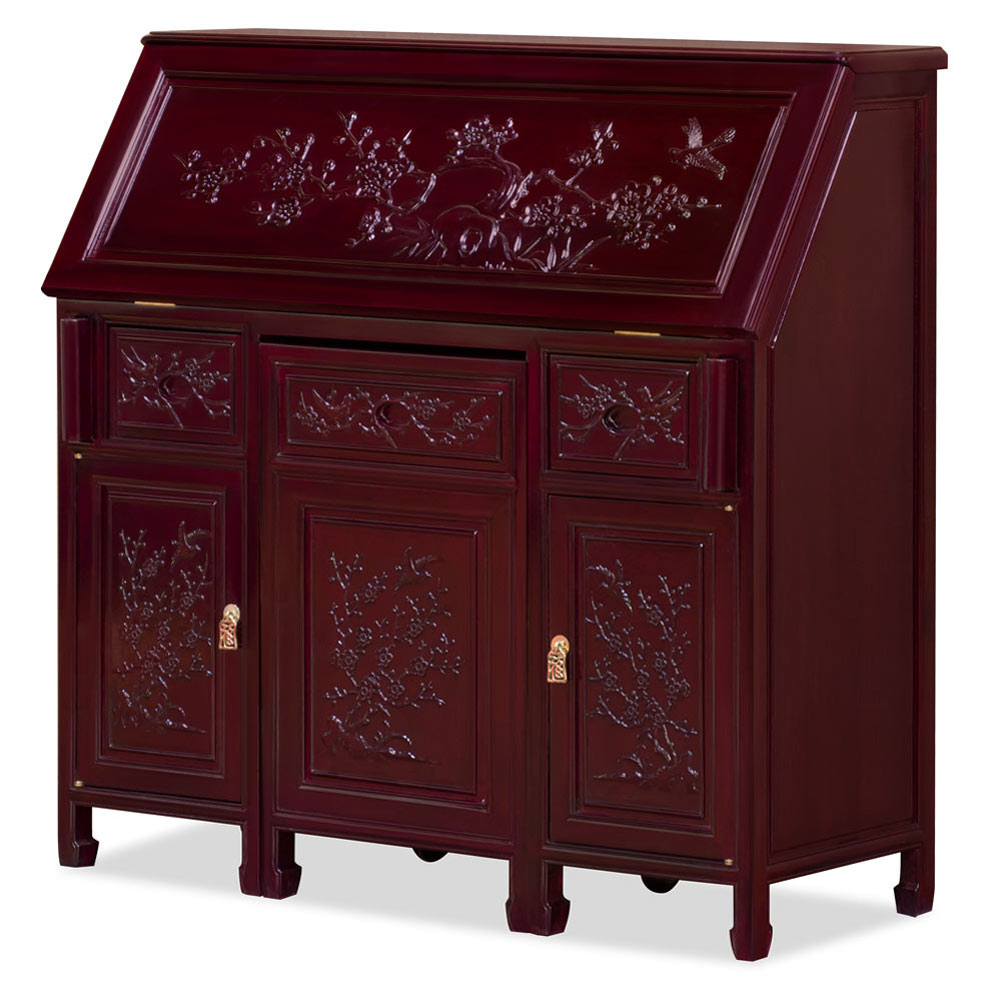 Dark Cherry Rosewood Flower and Bird Design Asian Secretaire with Chair