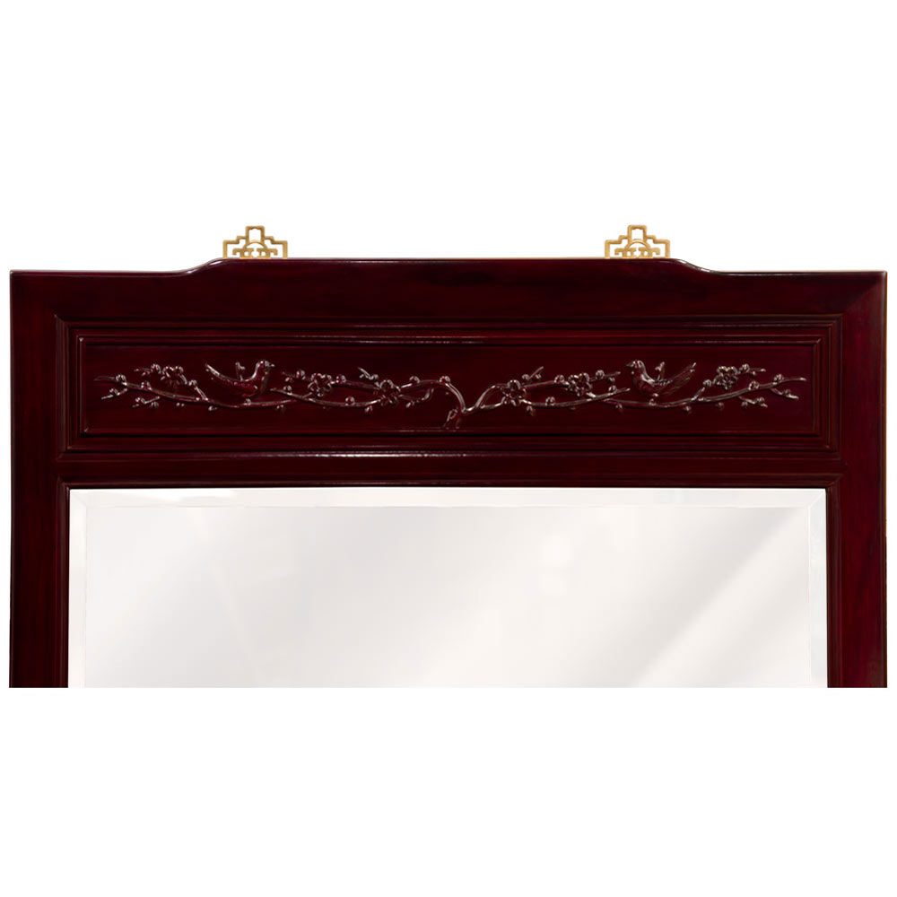 Dark Cherry Rosewood Flower and Bird Asian Vertical Mirror