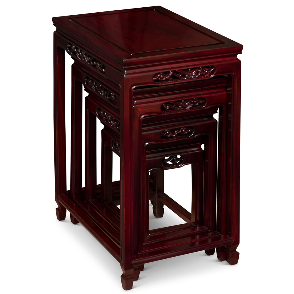 Cherry Rosewood Bird and Flower Oriental Nesting Tables