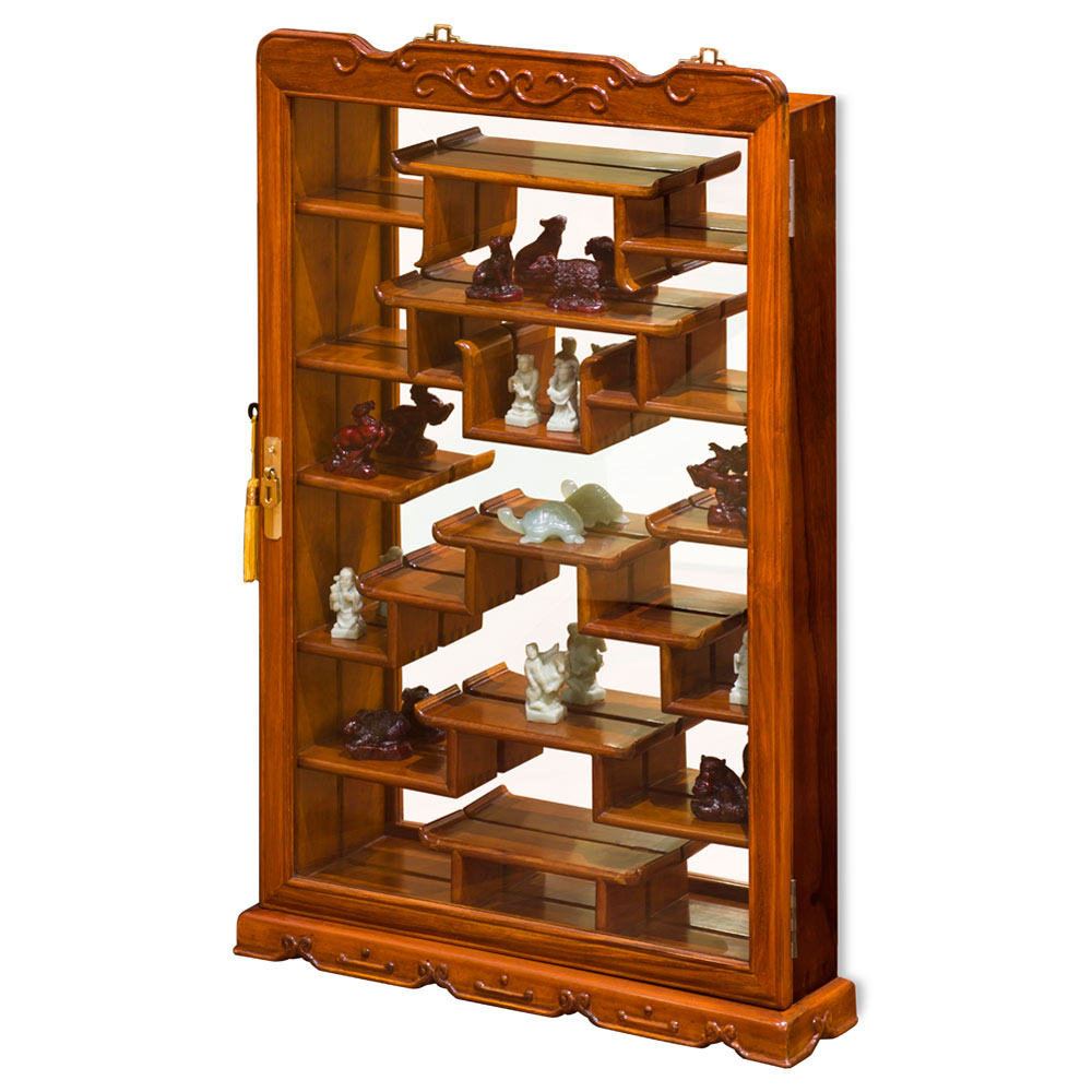 Natural Finish Rosewood Oriental Wall Curio Cabinet