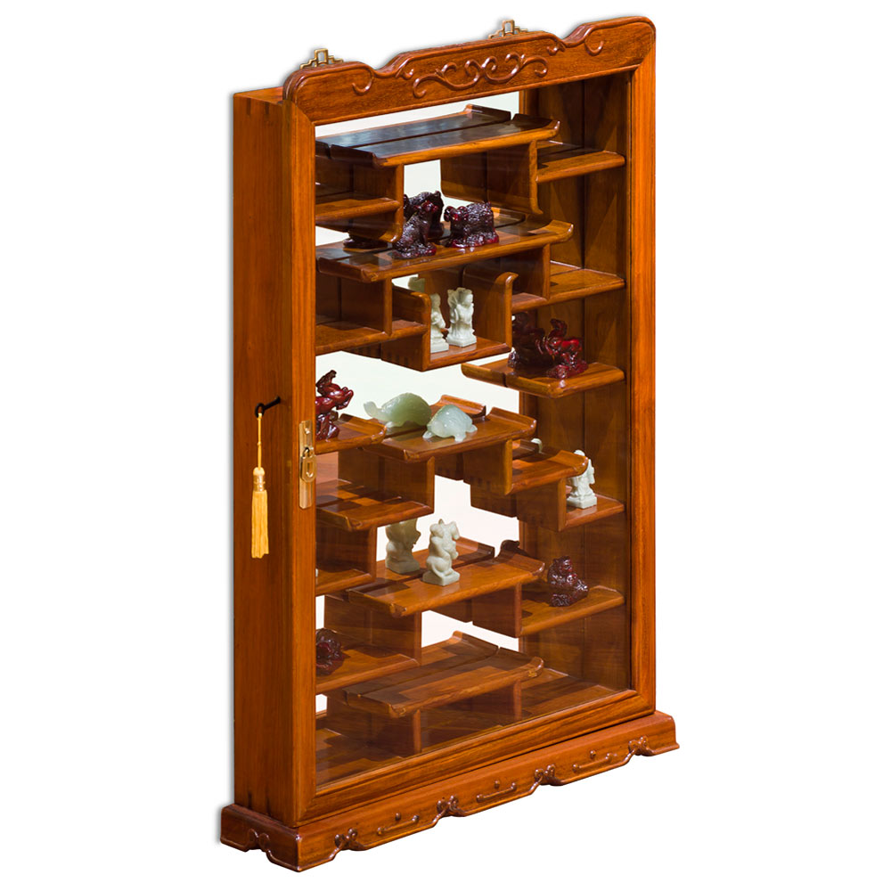 Natural Finish Rosewood Oriental Wall Curio Cabinet