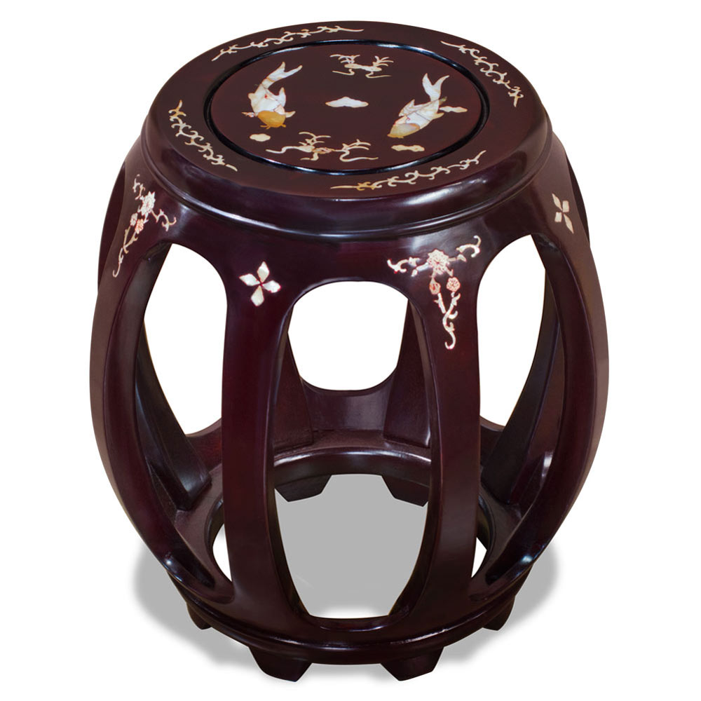 Dark Cherry Rosewood Mother of Pearl Inlay Asian Round Stool