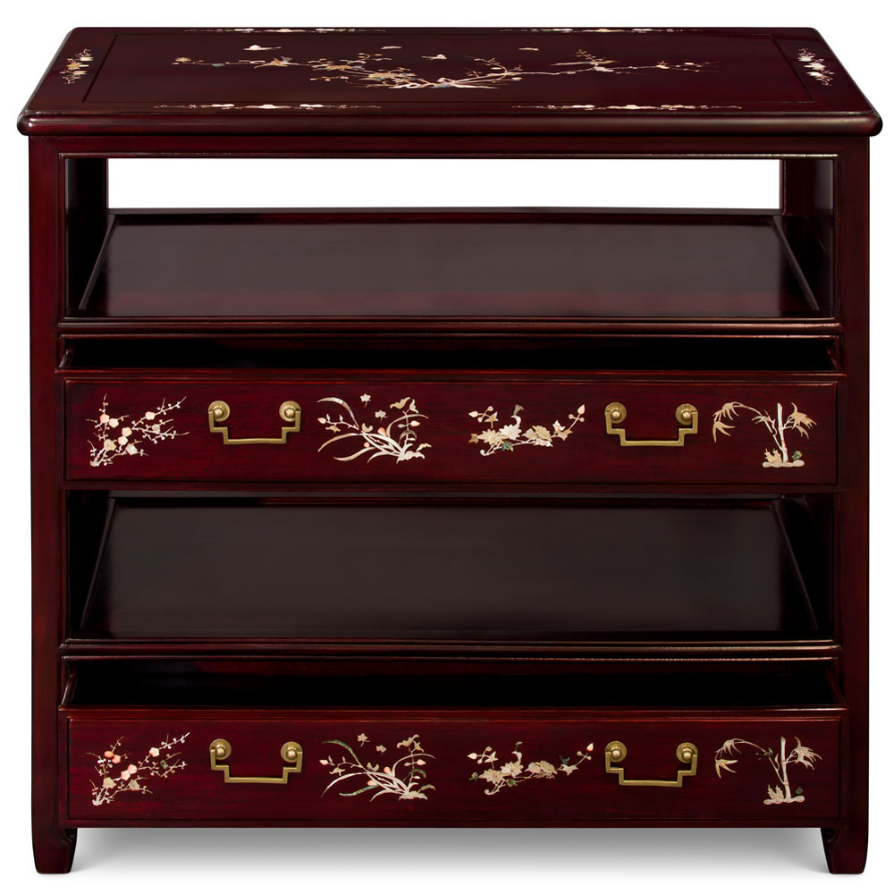 Dark Cherry Rosewood Chinese Mother of Pearl Inlay Media TV Console Two Drawers