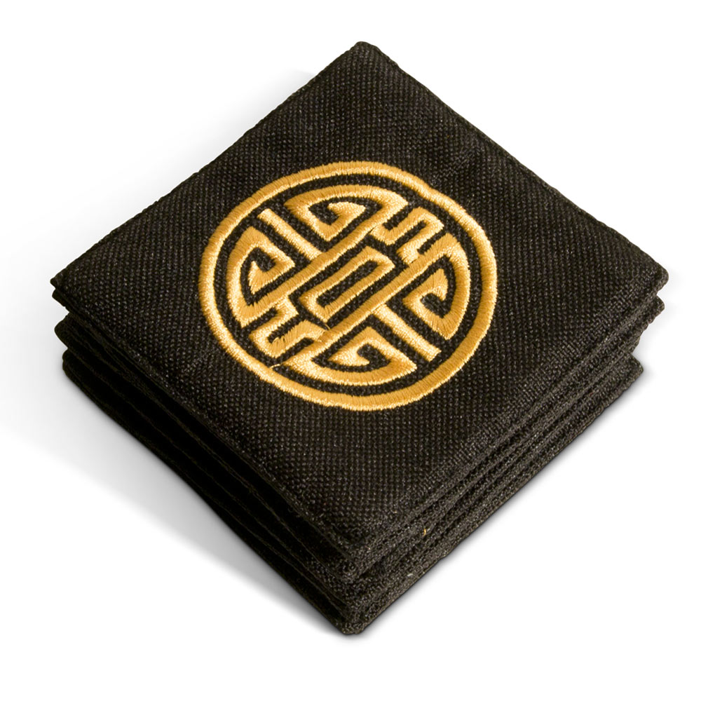 Set of 6 Black Coasters with Embroidered Gold Chinese Longevity Emblem