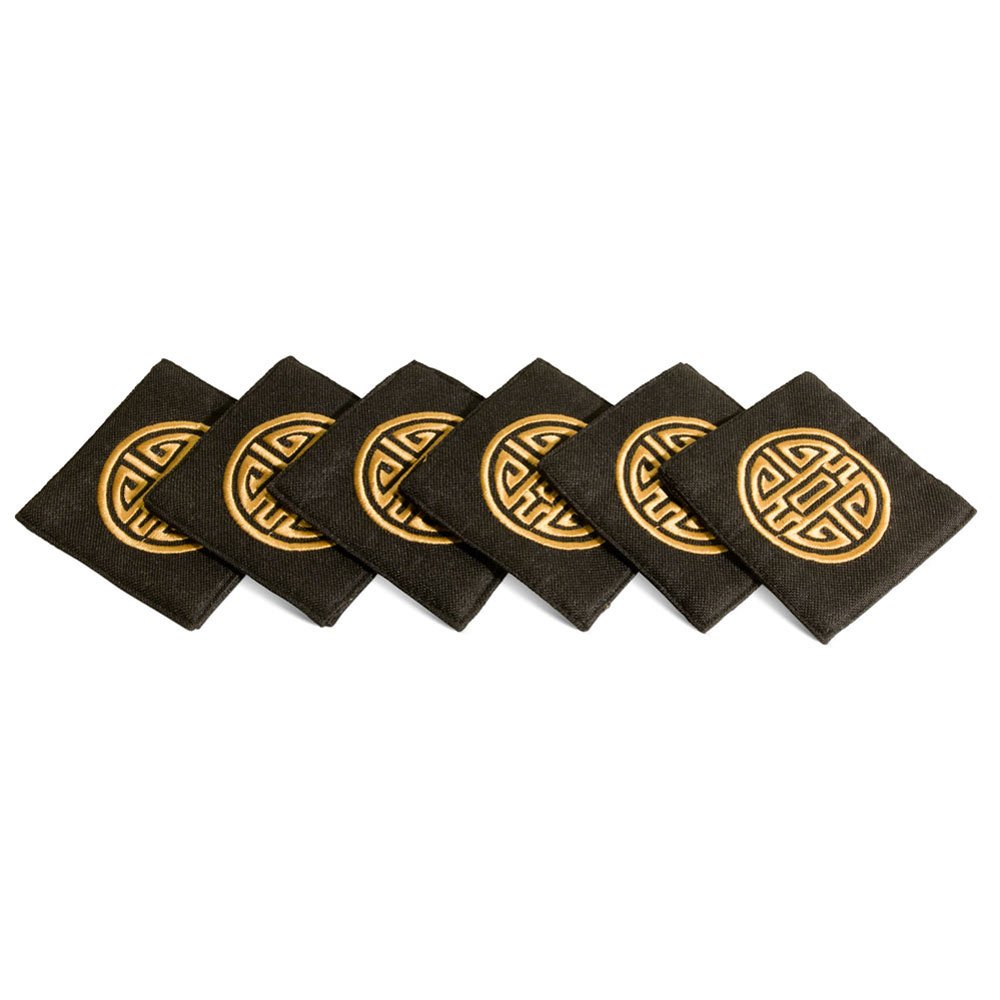 Set of 6 Black Coasters with Embroidered Gold Chinese Longevity Emblem